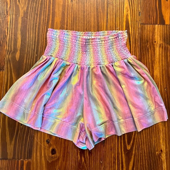 TCEC Rainbow Stripe Metallic Smocked Stretch Flounce Shorts - Picture 2 of 4